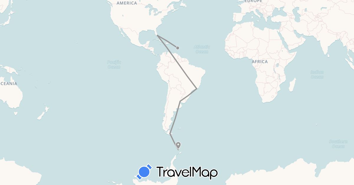 TravelMap itinerary: plane in Antarctica, Argentina, Brazil, Martinique, United States (Antarctica, North America, South America)